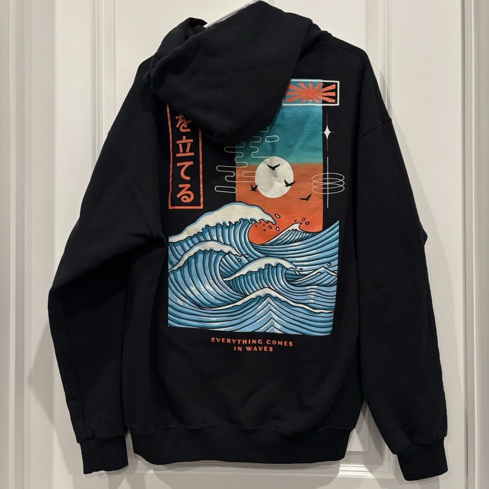 Bowery Supply Co Hoodie Everything Comes In Waves Tokyo Japan Graphic Sz Large